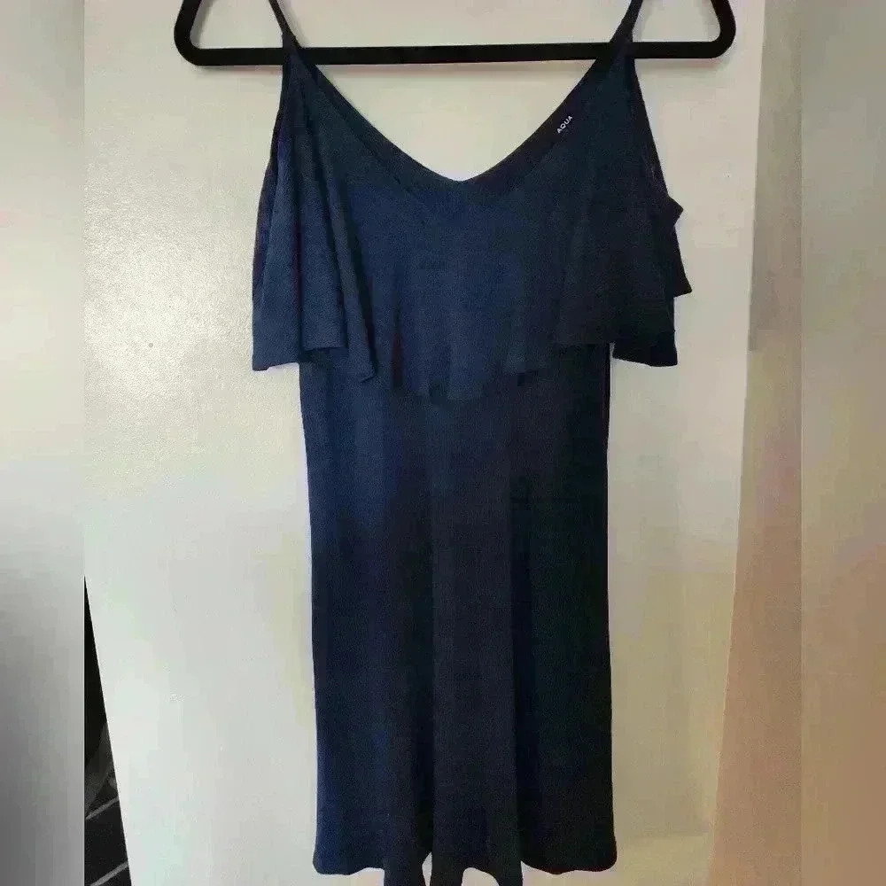 Aqua ribbed knit Cold Shoulder Navy Dress size Large #79